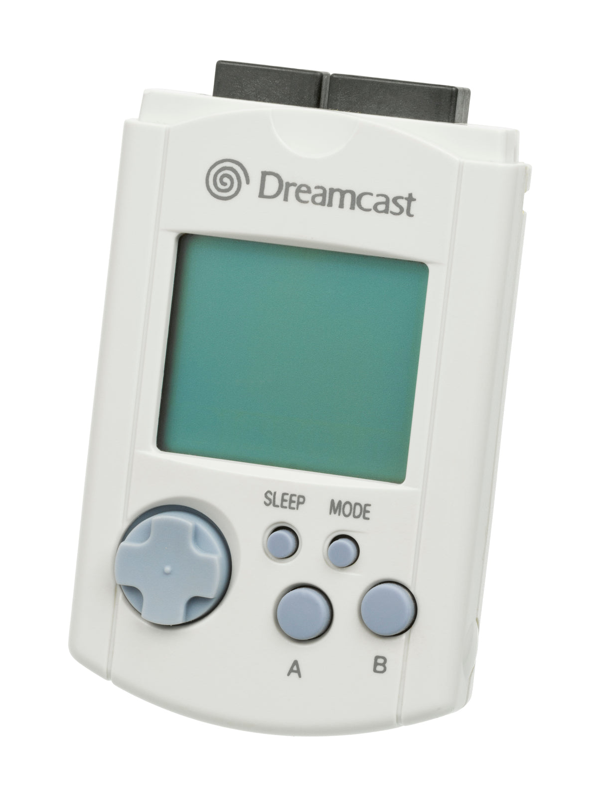 Original white Sega Dreamcast VMU showing its screen, controls and exposed connector without the cap
