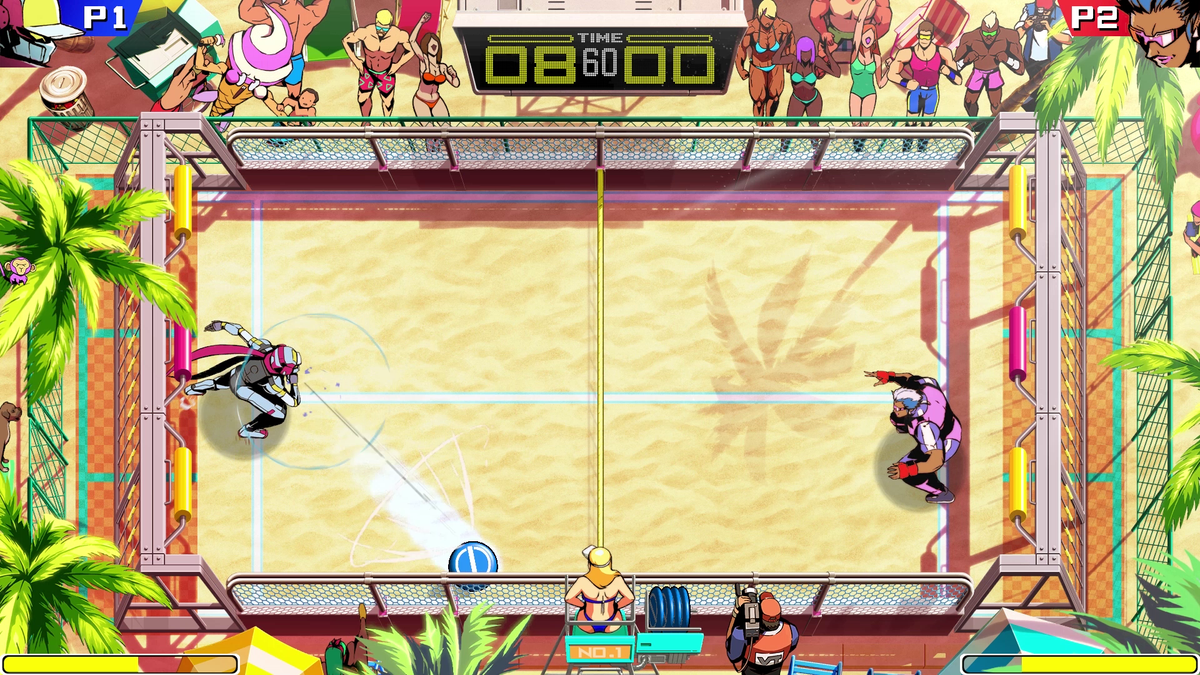 Two athletes play a beach-court match in Windjammers 2, with goals, scoreboard and meters visible