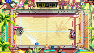 Two athletes play a beach-court match in Windjammers 2, with goals, scoreboard and meters visible