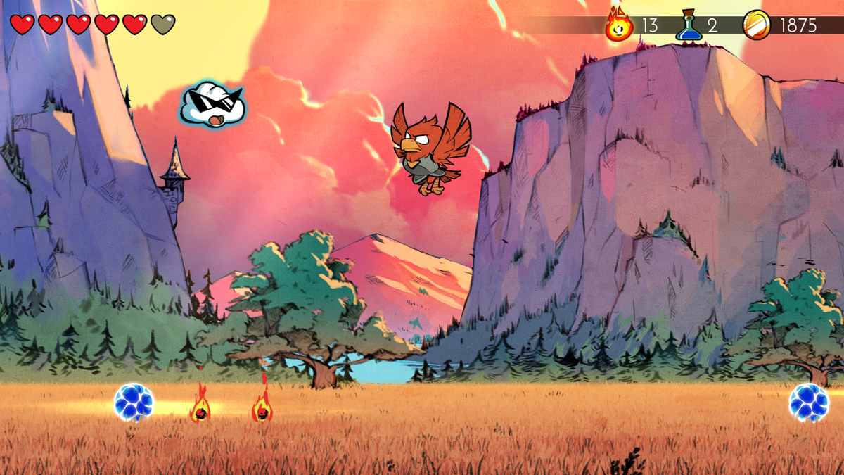 Hawk-Man flies between mountains under an orange sky in Wonder Boy: The Dragon's Trap, an official gameplay press screenshot
