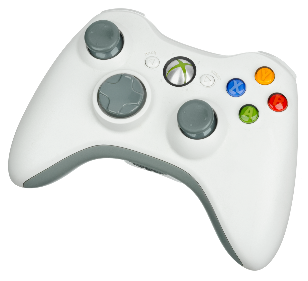 White Xbox 360 wireless controller photographed against a white background, used as archival Xbox hardware imagery