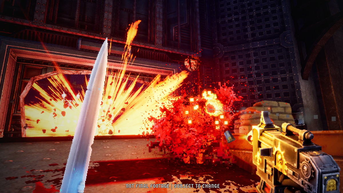 Pre-release Warhammer 40,000: Boltgun 2 gameplay showing Nyra Veyrath fighting at close range