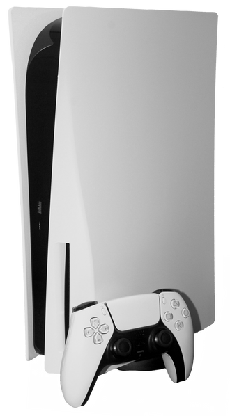 A PlayStation 5 console with disc drive and a DualSense controller