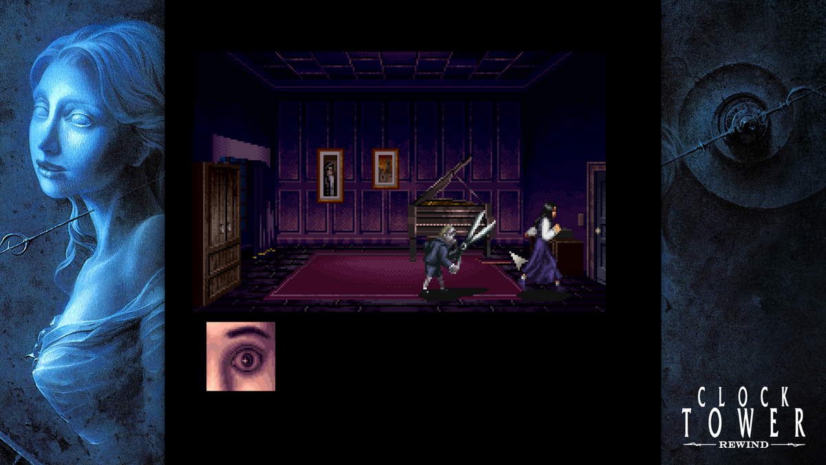 Jennifer faces Scissorman in the mansion music room in Clock Tower Rewind