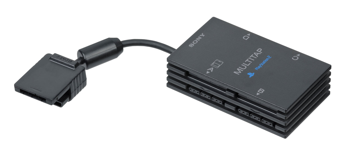 Original-model PlayStation 2 Multitap with four labeled controller connections and its tethered plug