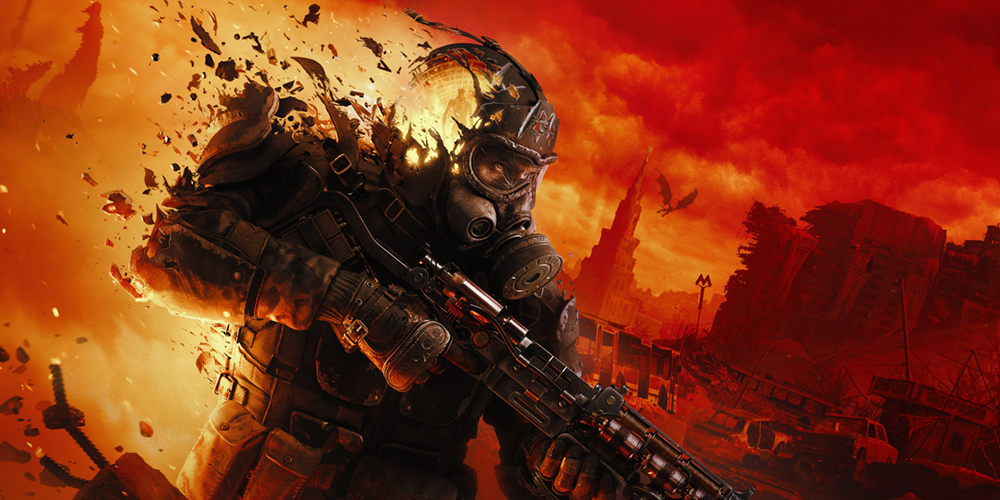 Official Metro 2039 promotional art showing the Stranger in a gas mask with a rifle against an orange ruined-city backdrop