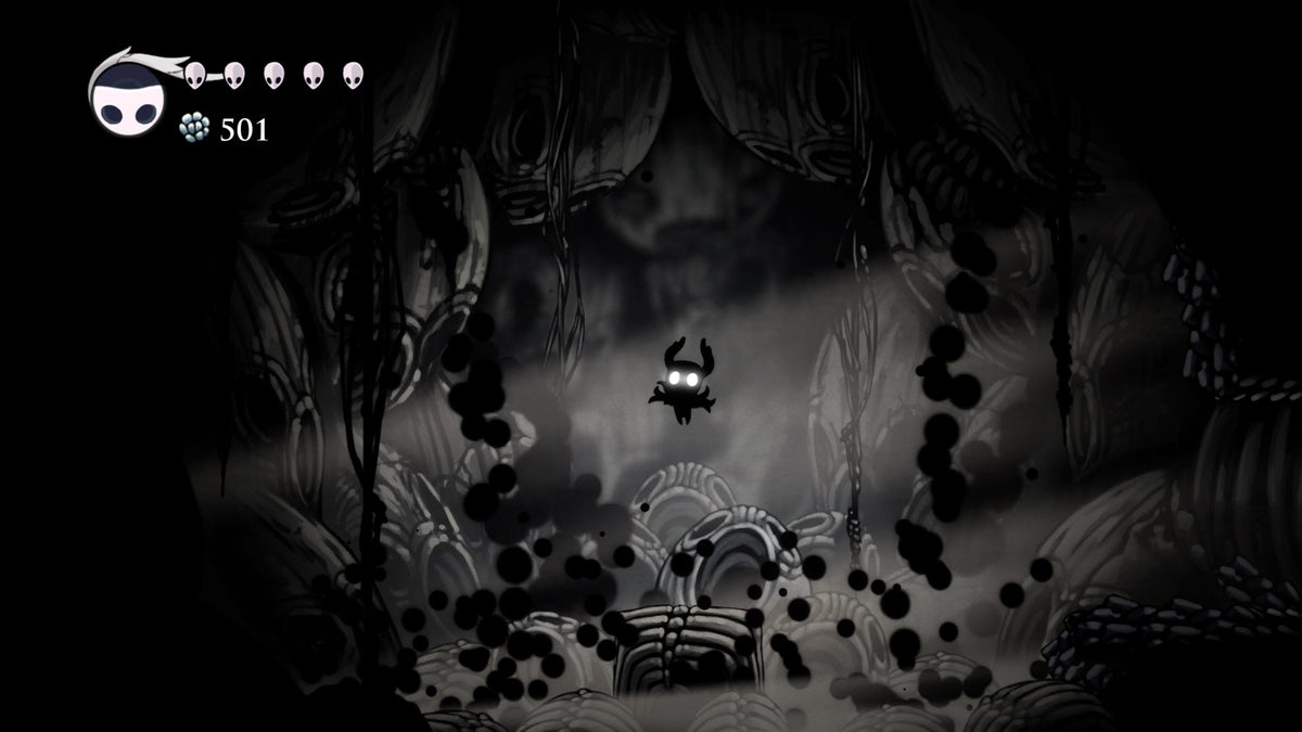 Dark figures and the Knight in the Abyss in Hollow Knight