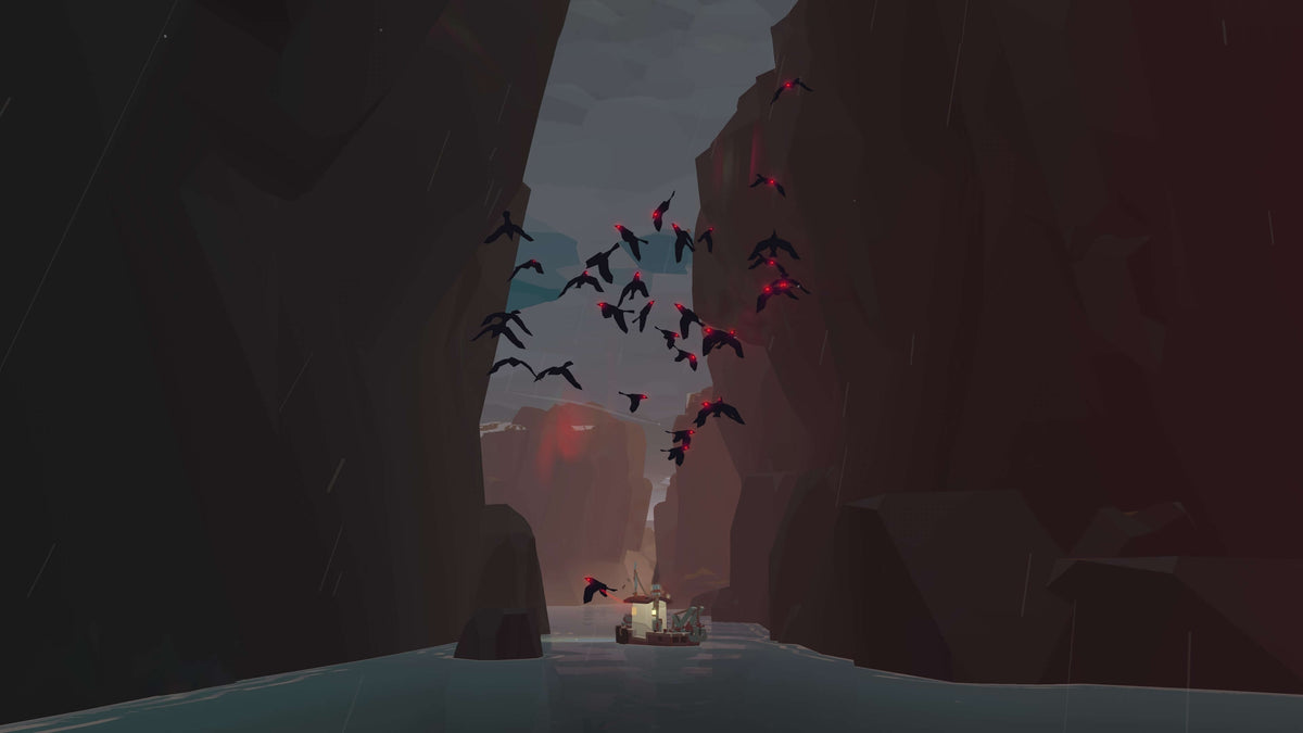 DREDGE trawler beneath a flock of dark birds with glowing red eyes