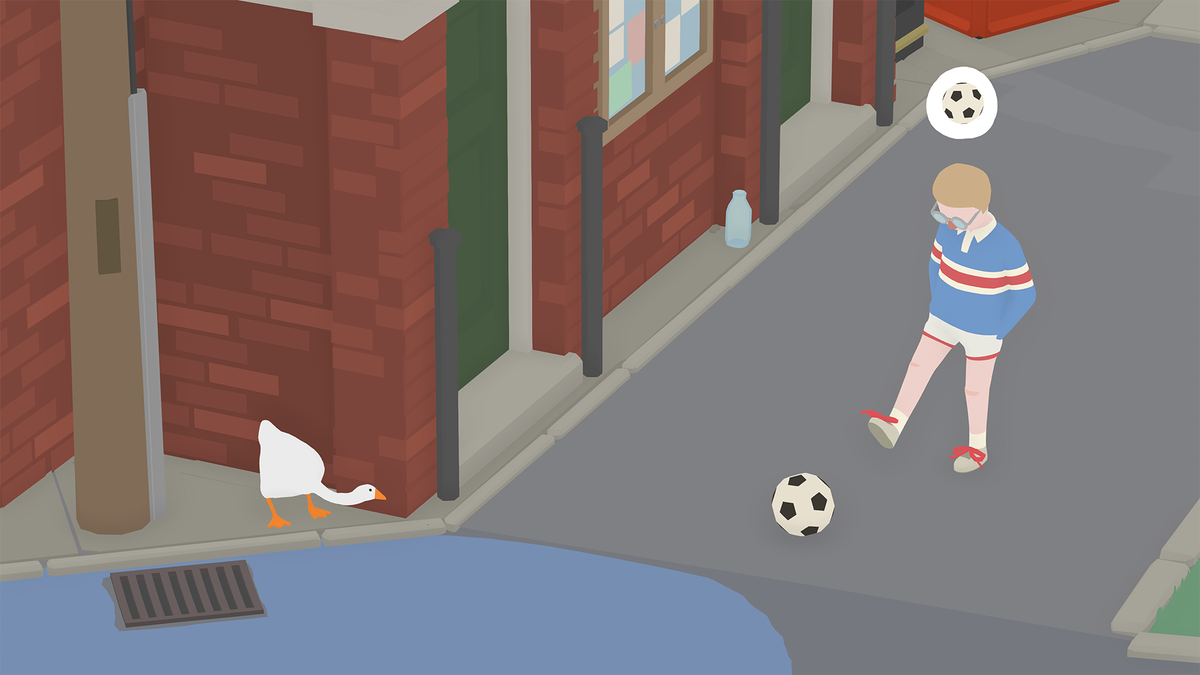 A goose crouches beside a brick building while a child stands near a football in Untitled Goose Game