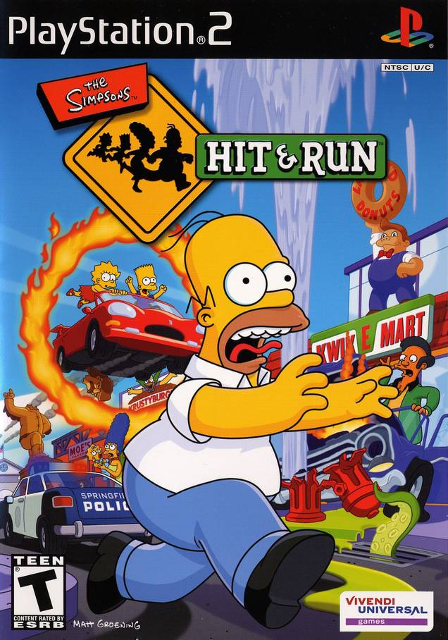 The Simpsons Hit and Run PlayStation 2 cover featuring Homer Simpson in a pink car