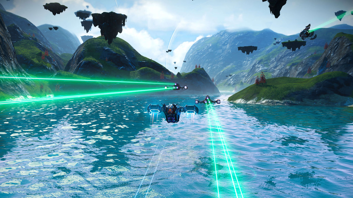 Starships flying above water between floating islands in No Man's Sky