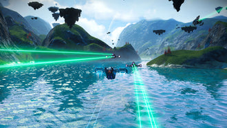 Starships flying above water between floating islands in No Man's Sky