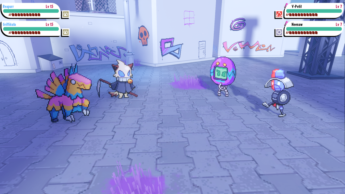 Cassette Beasts 2002 creatures face one another in a battle arena with native health and action-point indicators