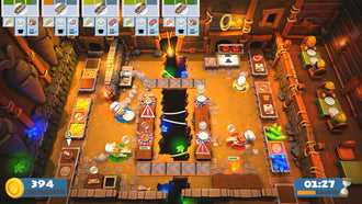 Overcooked 2 chefs working across a chasm with cooking stations on both sides