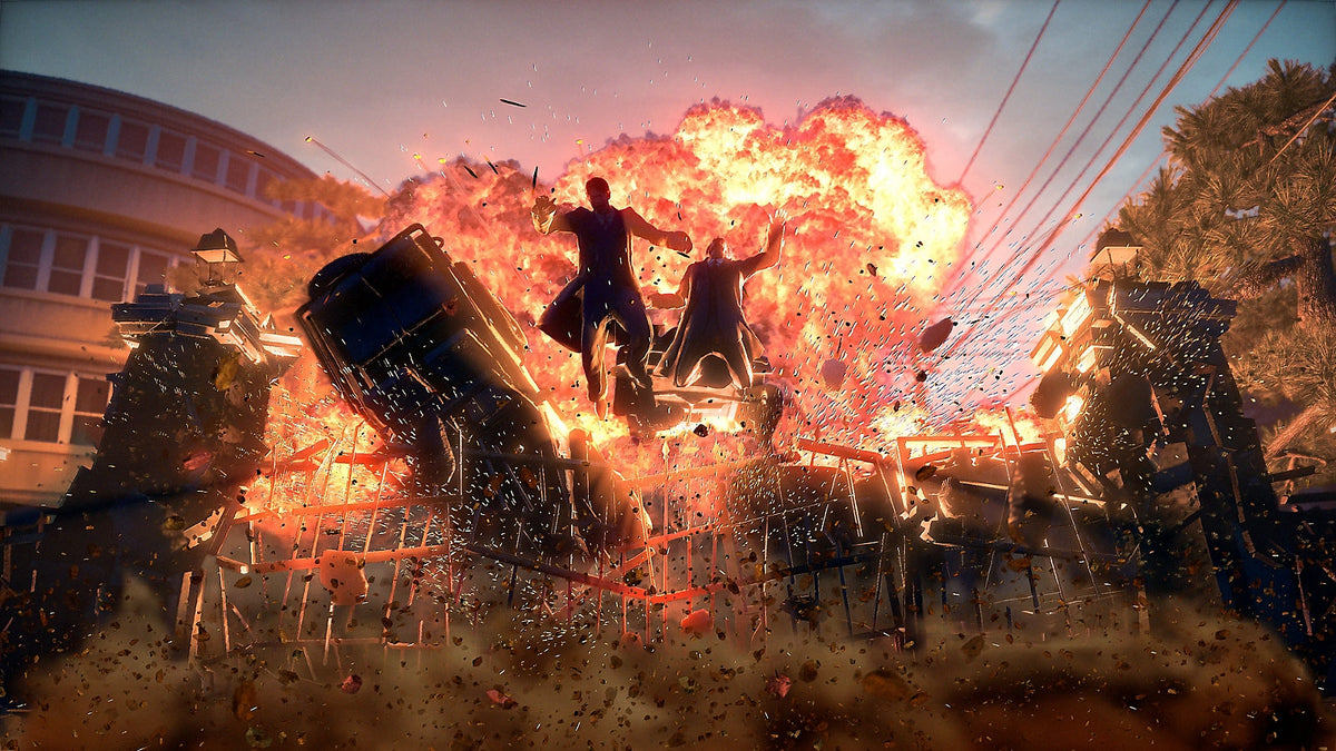 Characters leaping away from an explosion in Stranger Than Heaven