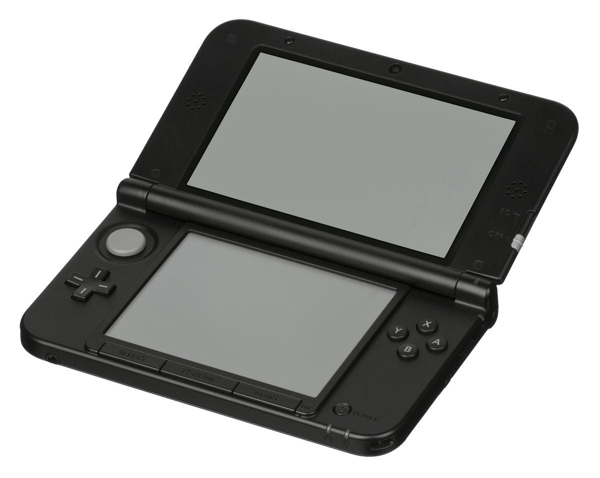 Blue Nintendo 3DS XL open at an angle, showing both screens and controls