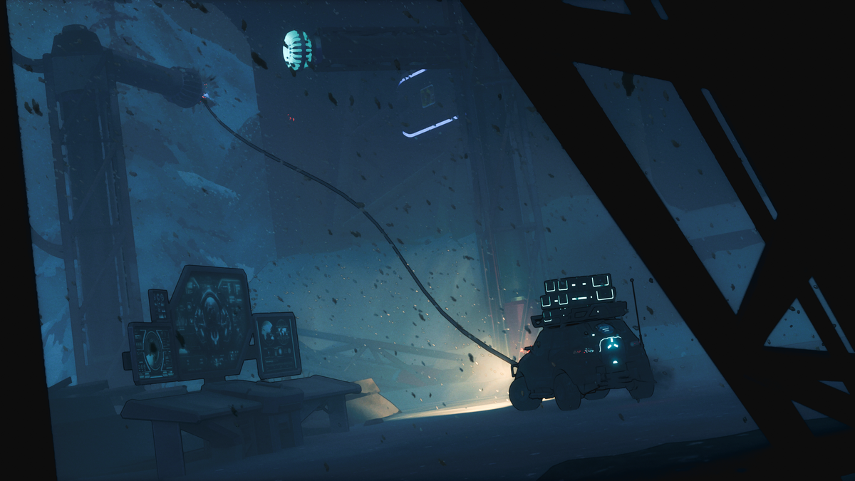 An off-road vehicle hangs from a grappling line inside an industrial structure in AfterZero: The Last Drive