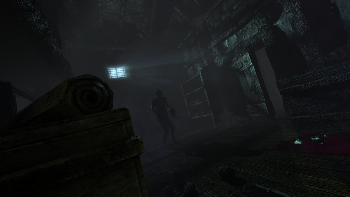 A creature searches a stone room beyond stacked objects in Amnesia: The Dark Descent