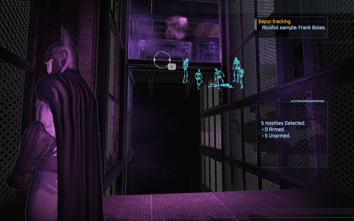 Batman tracks armed enemies in Detective Mode during an Arkham Asylum predator room.
