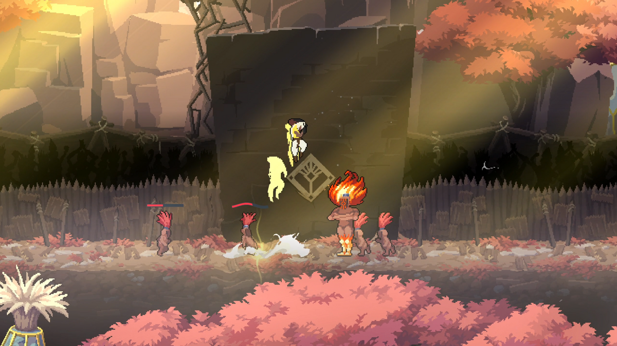Astral Ascent crossover combat in an autumn-colored arena, with a fiery-haired opponent and small figures beside the player
