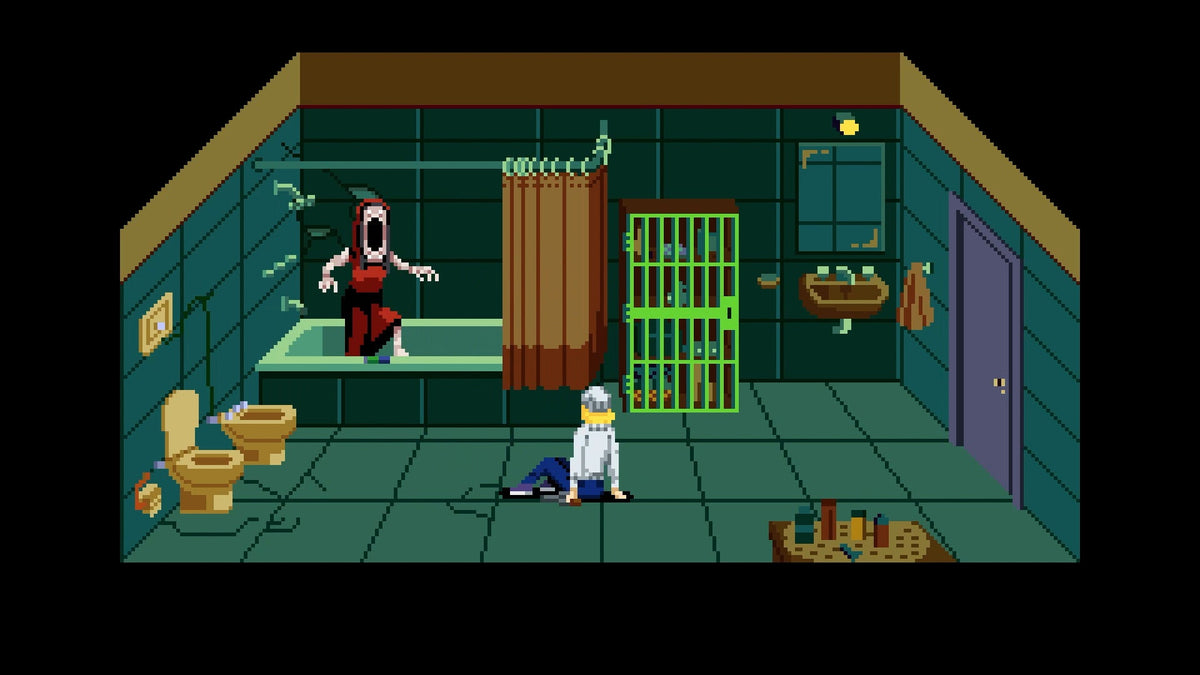 Pixel-art gameplay in Tenebris Somnia shows Julia facing a creature in a tiled room