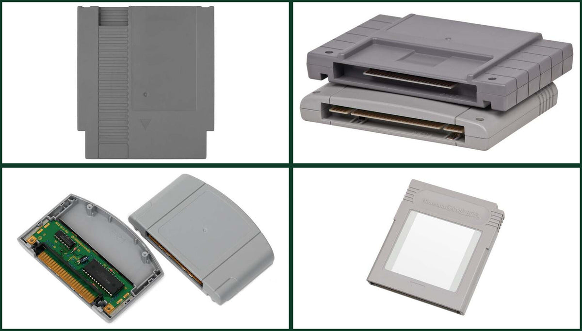 NES, Super NES and Super Famicom, Nintendo 64, and Game Boy cartridge shells shown together