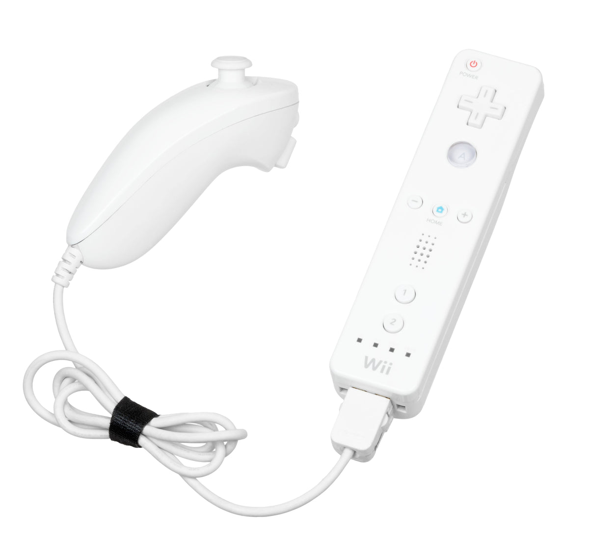 White Nintendo Wii Remote connected to a Nunchuk