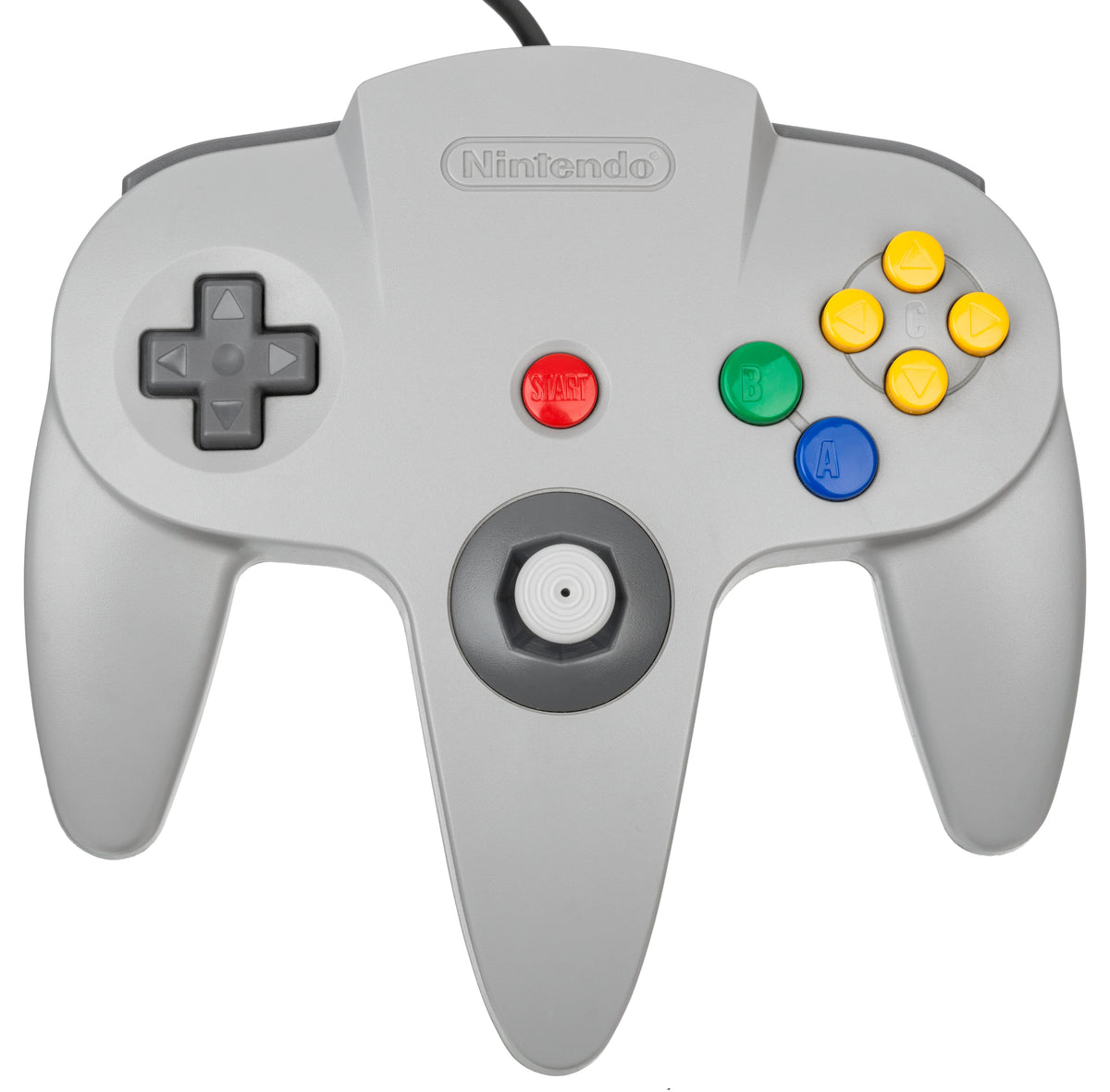 Gray Nintendo 64 controller viewed from above