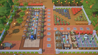 Earlier Coral Island press screenshot showing crop plots, paths and farm-processing equipment; not the upcoming Nintendo Switch 2 build
