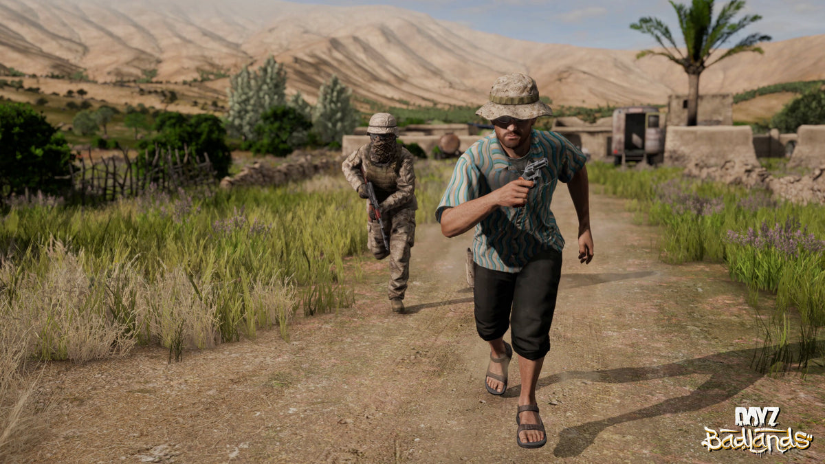 Two armed survivors run past a settlement in the arid Nasdara landscape in DayZ Badlands.