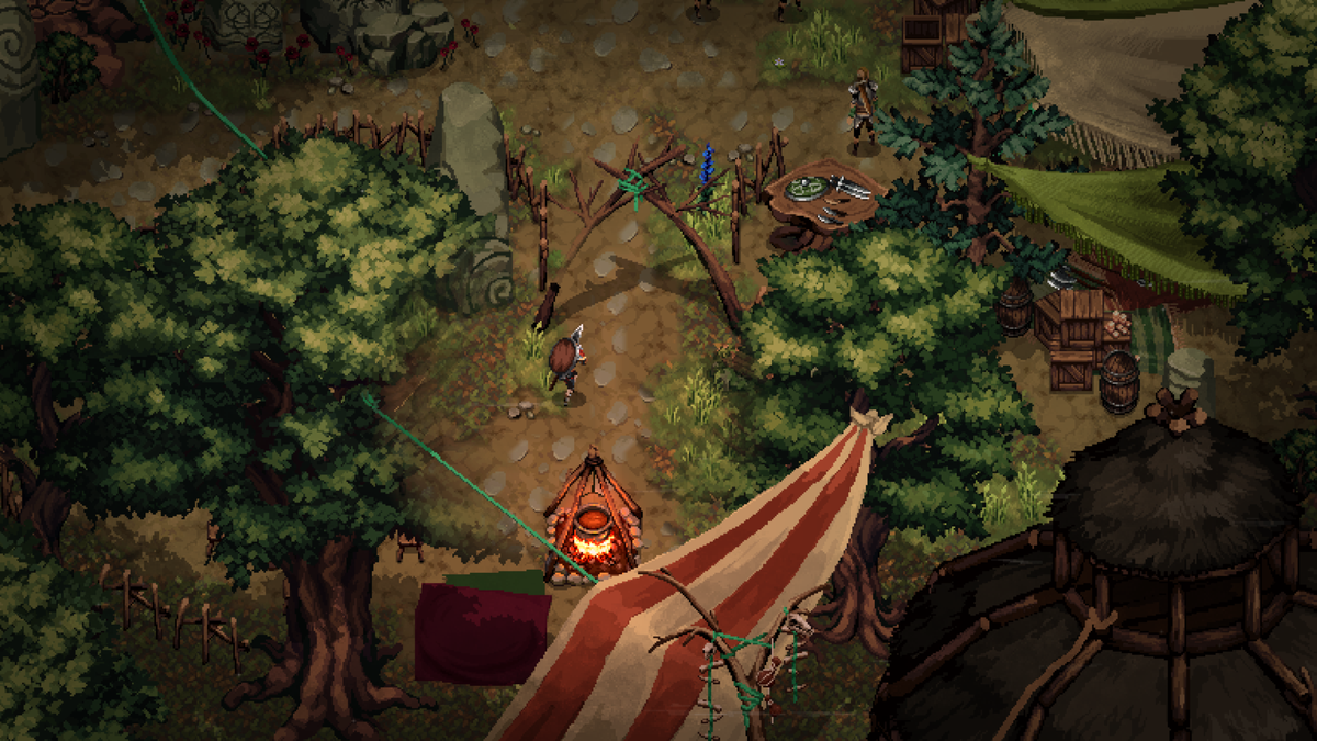 A character walks through a wooded settlement in Drova II: Torn Lands