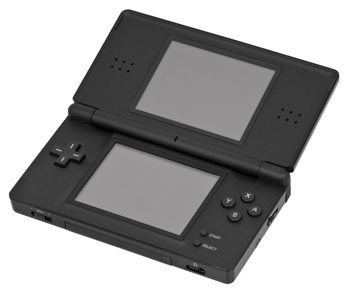 Black Nintendo DS Lite shown open with its two screens and controls