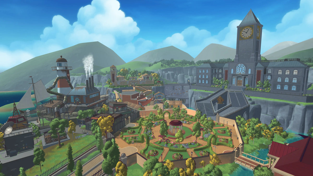 Wide view of the Escape Academy 2 campus with gardens, workshops and a clock tower