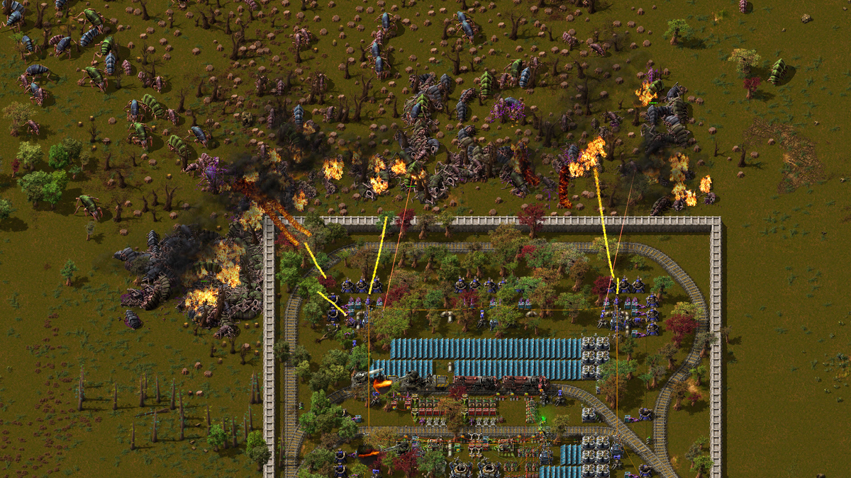 Factorio PC gameplay showing a walled outpost defending against attacking creatures