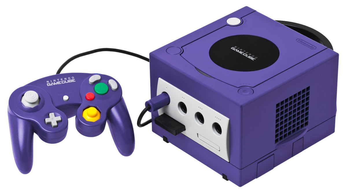 Indigo Nintendo GameCube with controller and a Memory Card inserted in the front