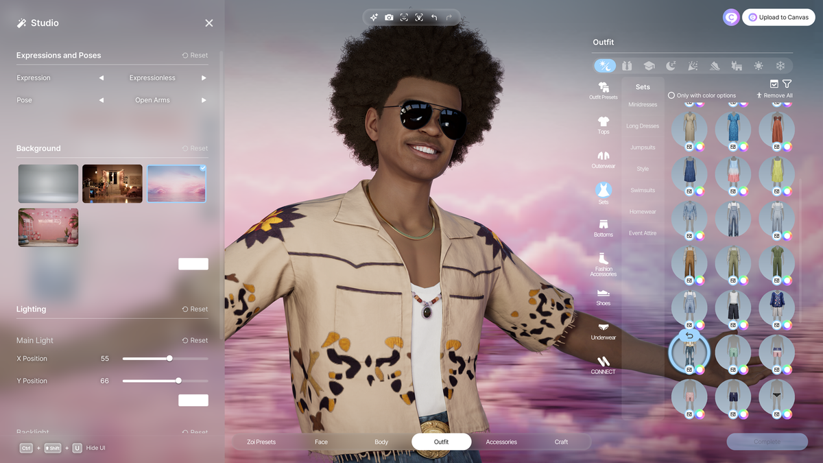 inZOI character customization screen with a Zoi wearing sunglasses and a patterned shirt