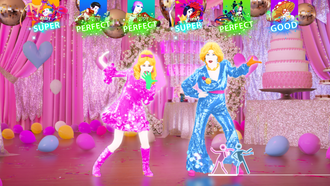 Mamma Mia gameplay in Just Dance: Decades of Hits, with two dance coaches and six player feedback panels