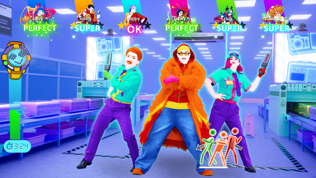 Turn Down for What gameplay from Just Dance: Decades of Hits, with three dance coaches in an airport security setting