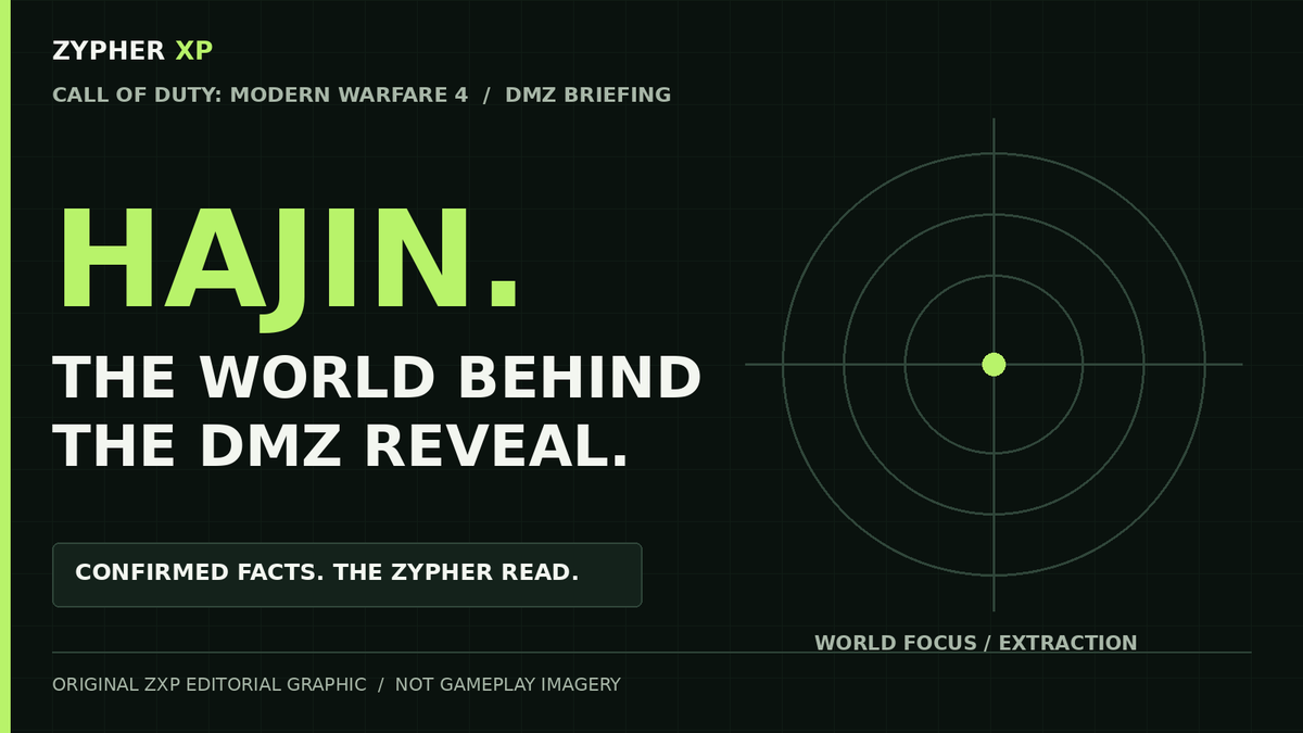 Original Zypher XP editorial cover for Modern Warfare 4's Hajin DMZ briefing, with abstract geometry rather than gameplay imagery.