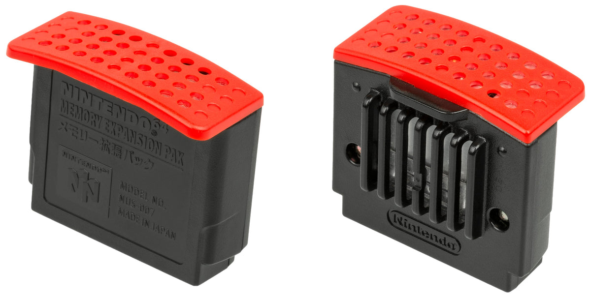Front and rear of the red-topped Nintendo 64 Expansion Pak