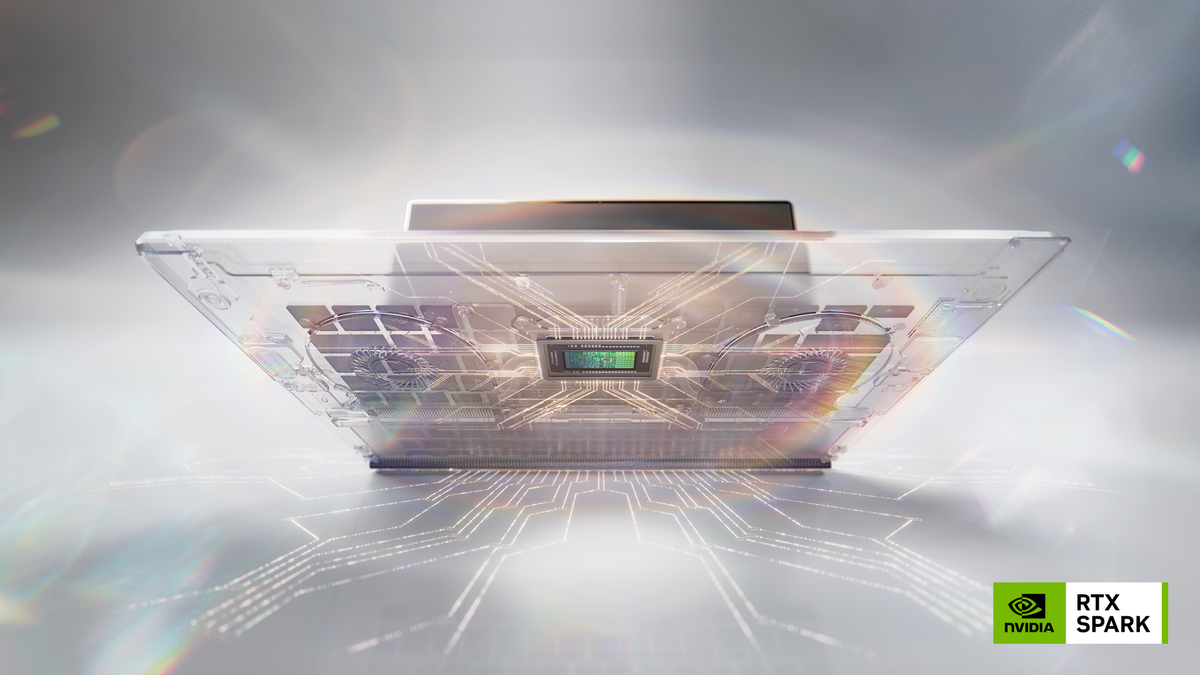 An NVIDIA RTX Spark laptop shown from below with a transparent view of its chip and cooling system
