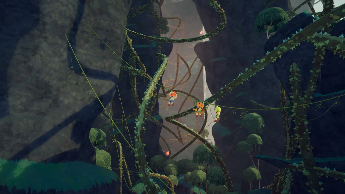 Three PEAK scouts hanging among vines between high cliffs; developer PC press screenshot