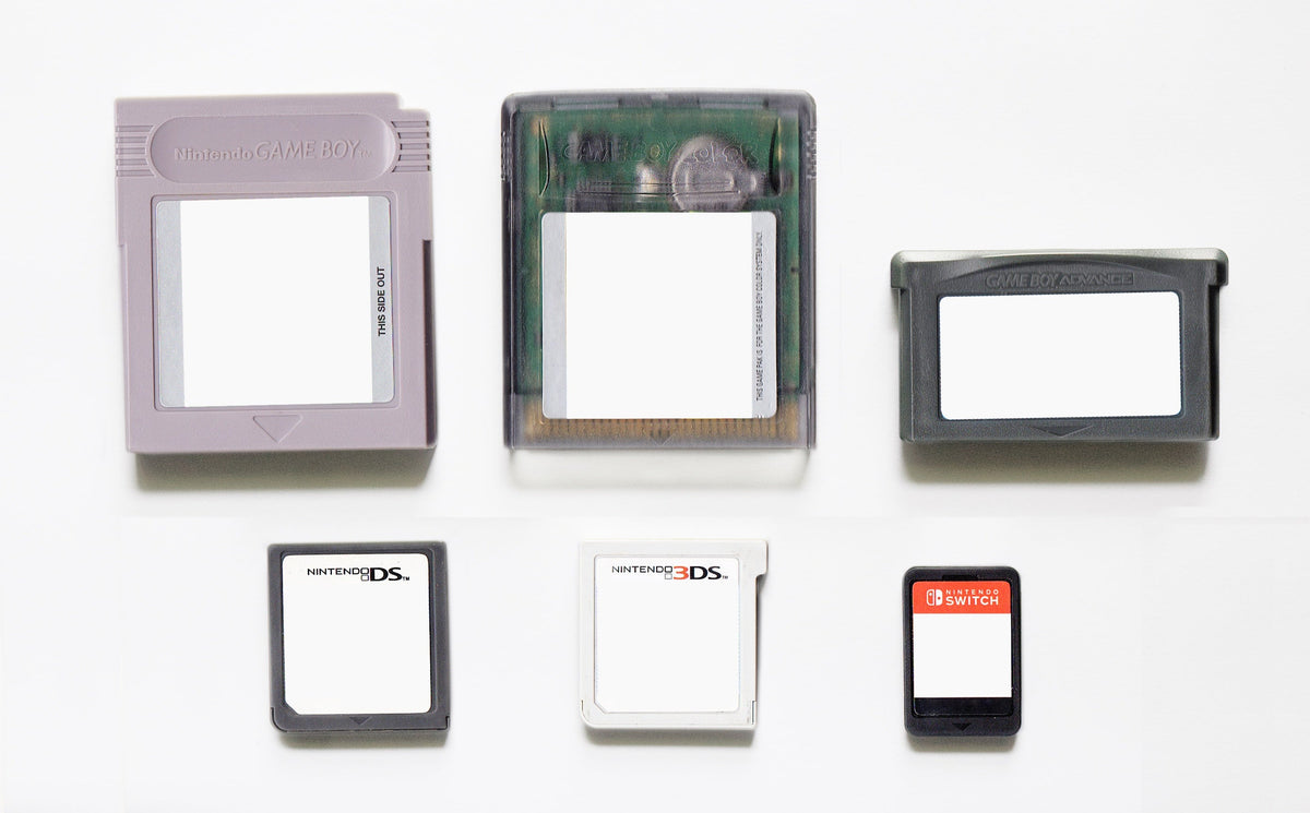 Nintendo cartridges and game cards from Game Boy through Nintendo Switch arranged by generation