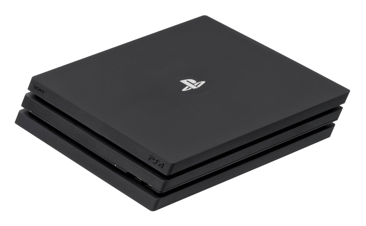 PlayStation 4 Pro console photographed from the front left by Evan-Amos
