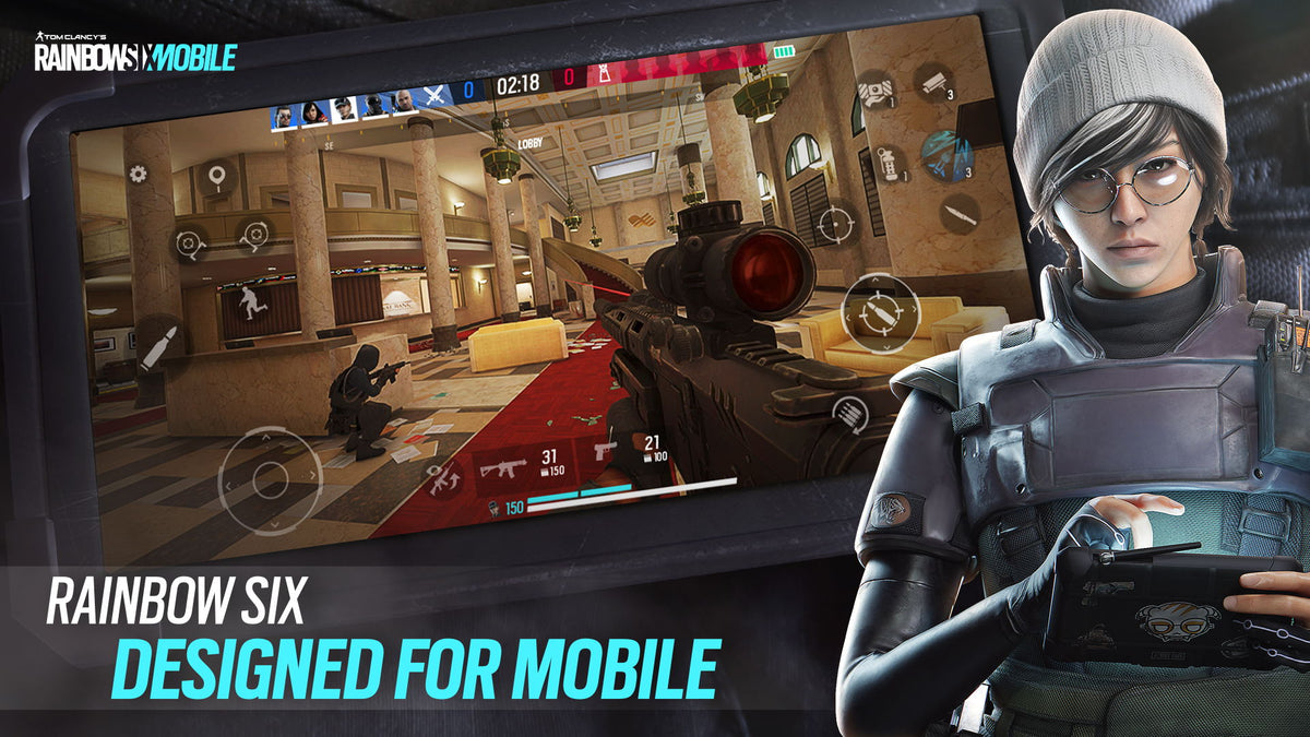 Rainbow Six Mobile promotional art showing an operator beside mobile tactical gameplay