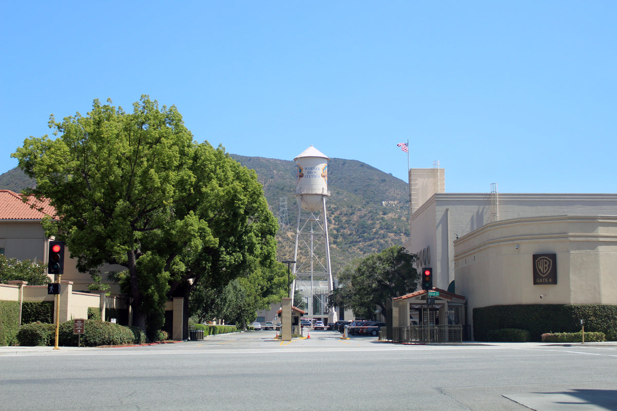Warner Bros. Studios Gate 4 and water tower in Burbank, photographed in 2016.