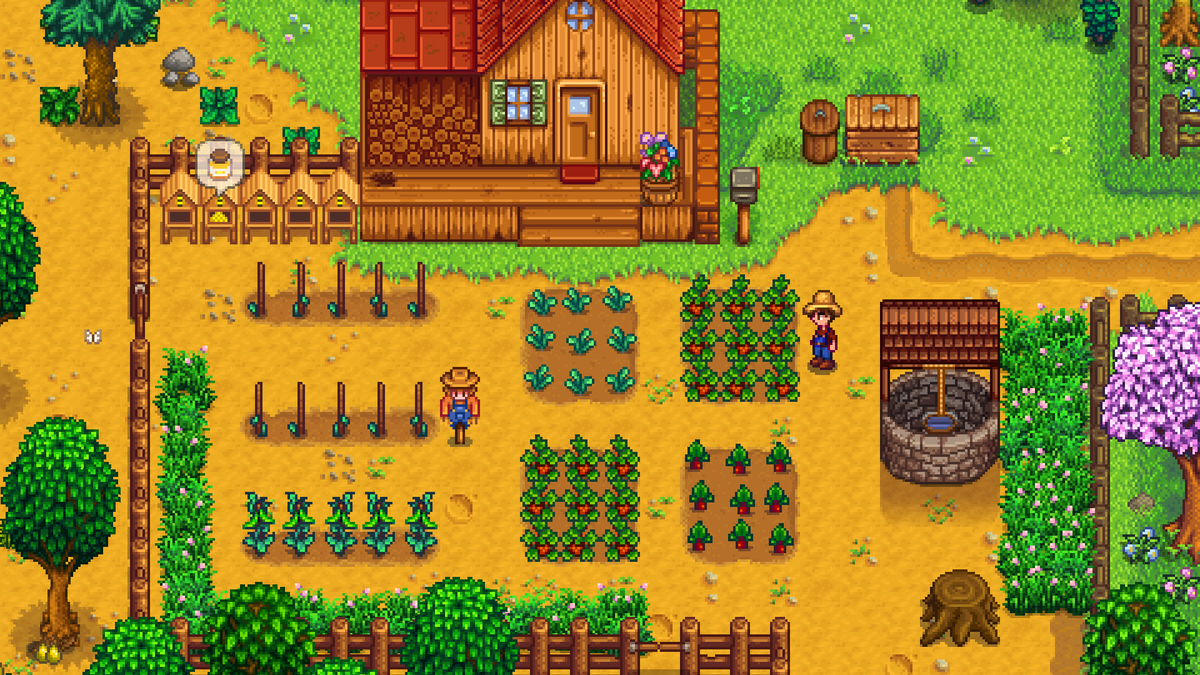 Two farmers tending crops and machines on a bright Stardew Valley farm