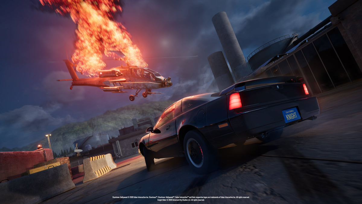 Stuntman: Hollywood official Knight Rider screenshot showing K.I.T.T. near a burning helicopter