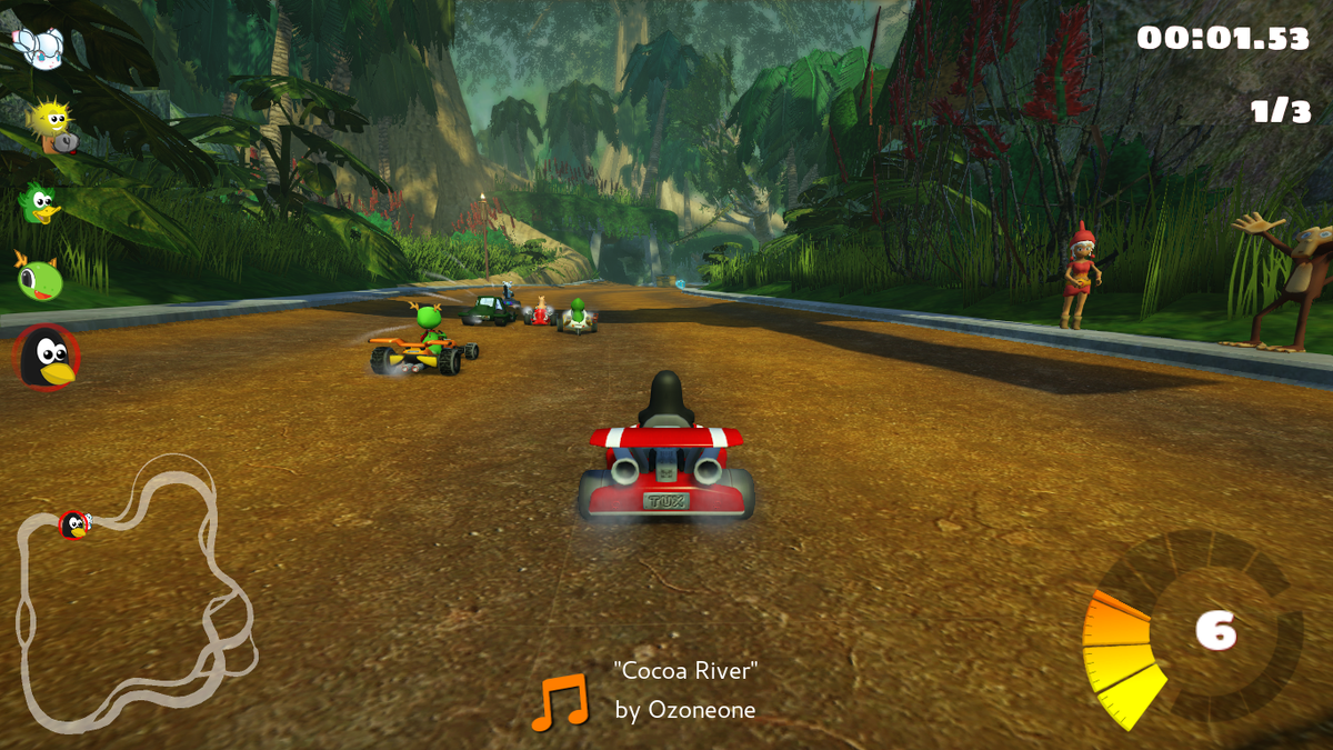 SuperTuxKart race at the start of the Cocoa Temple track, shown as series context