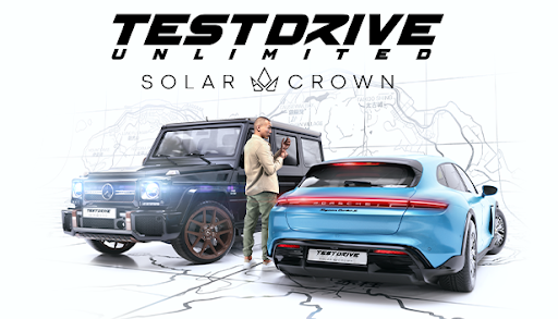 Test Drive Unlimited Solar Crown key art with two cars and a driver.